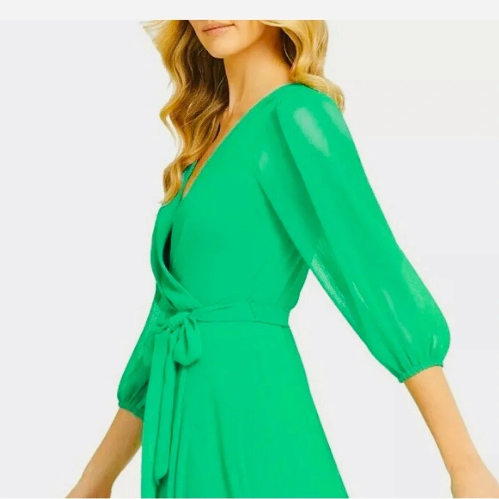 DKNY Dress Chiffon Faux-Wrap VNeck Balloon Slv Bright Apple Green Sz 16 - Picture 5 of 13